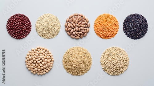Top view of various types of raw dried legumes beans and lentils arranged in circles on a light background