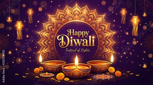 Elegant happy diwali greeting card featuring glowing oil lamps and intricate golden mandala patterns on a deep purple background