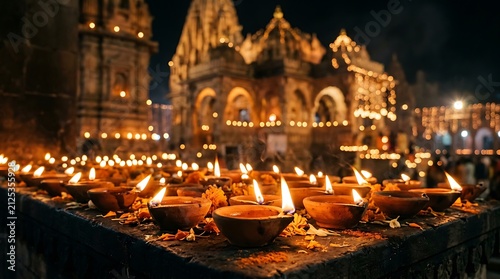 Traditional clay oil lamps glowing brightly during a spiritual evening prayer ceremony at an ancient hindu temple in varanasi india