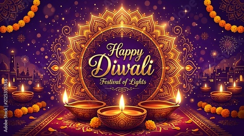Happy diwali greeting card background with glowing oil lamps and golden ornate mandala frame on a purple backdrop