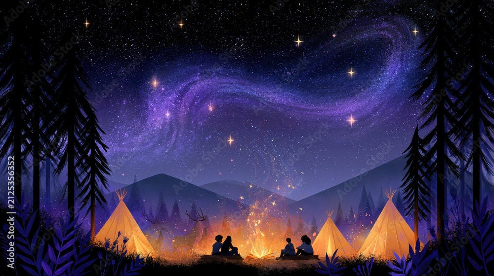 Fototapeta premium Camping under the stars with warm campfire and bright tents in a mountain area at night