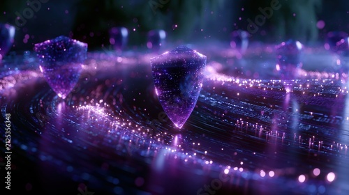 Visual of glowing crystals arranged in a circular pattern surrounded by lights in a dark space environment during night time