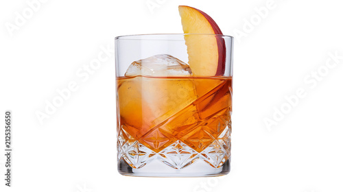 Amber cocktail with ice and peach slice, isolated on transparent background