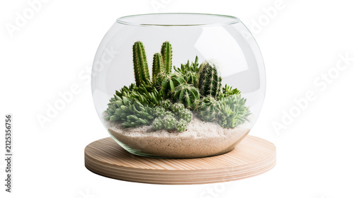 Assortment of green cacti and succulents in a glass terrarium, isolated on transparent background