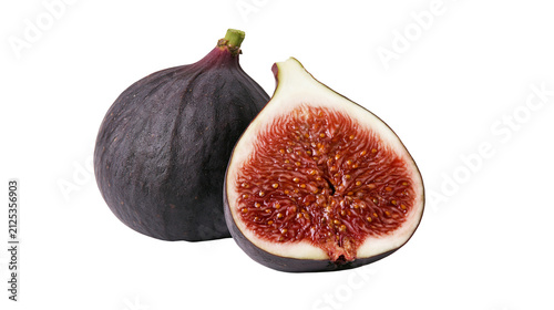 Принти на полотні Whole dark purple fig and half fig showing red pulp and seeds, isolated on trans