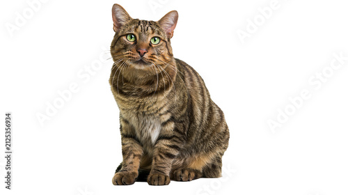 Domestic short-haired tabby cat with green eyes sitting, isolated on transparent background
