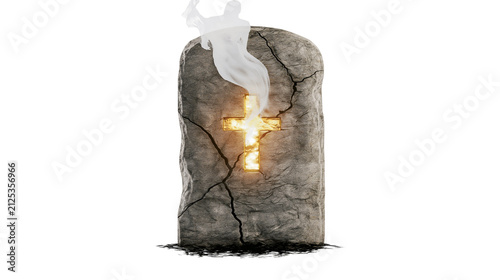 Fotografie Cracked stone tombstone with glowing golden cross and rising smoke, isolated on