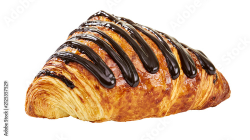 Obraz na plátne Golden brown flaky croissant with dark chocolate drizzle, isolated on transparen
