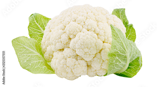 Obraz na płótnie Fresh white cauliflower with vibrant green leaves, isolated on transparent backg