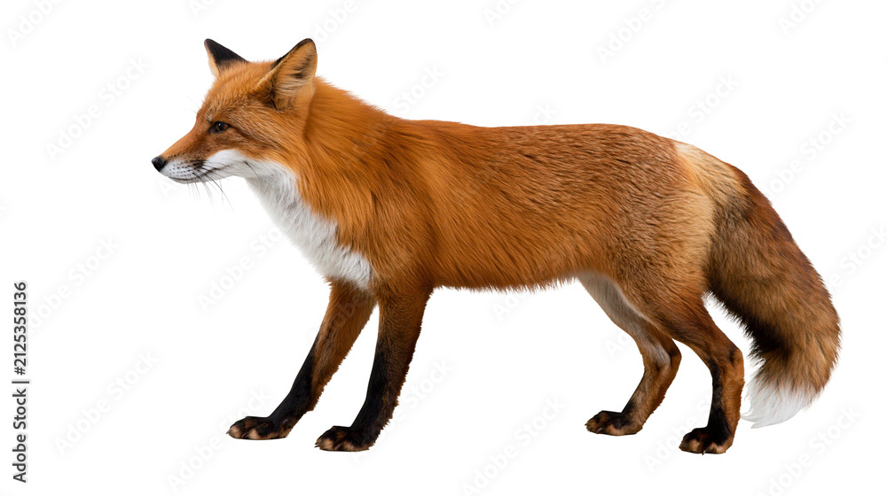 Obraz premium Red fox with bushy tail and white chest, isolated on transparent background