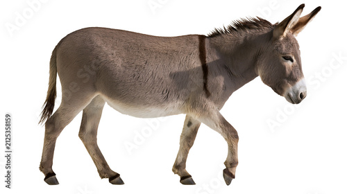 Fotografie Gray donkey with dark stripe on back walking, isolated on transparent background