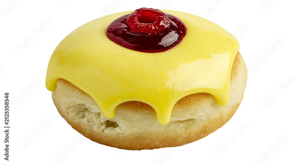 Obraz premium Sweet yellow glazed donut with raspberry jam topping, isolated on transparent background