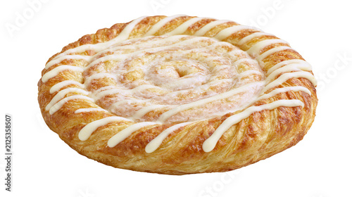 Foto Golden brown spiral pastry with white icing drizzle, isolated on transparent bac