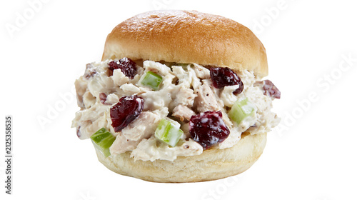 Chicken salad sandwich with cranberries and celery, isolated on transparent background