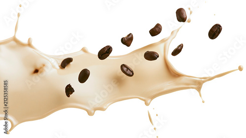 Brown coffee beans splashing into creamy liquid, isolated on transparent background