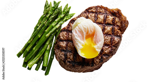 Fotografie Grilled steak topped with a runny poached egg and asparagus, isolated on transpa