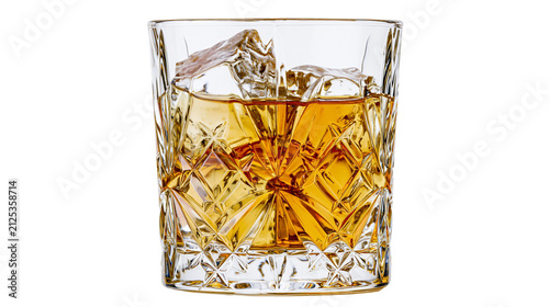 Fotografie Amber whiskey with ice cubes in a crystal glass, isolated on transparent backgro