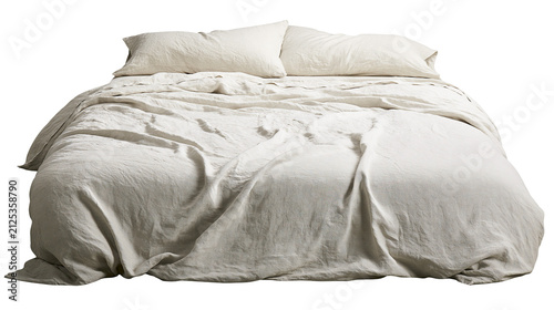 Unmade beige linen bed with two pillows, isolated on transparent background