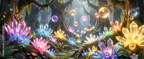 Magical forest with luminous crystal flowers and glowing orbs, mystical game