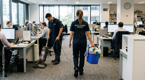 Professional office cleaning team working together to clean a modern corporate workspace during the late evening hours
