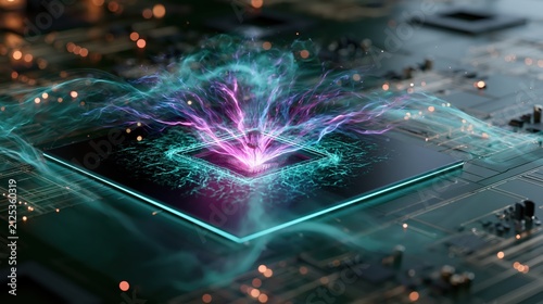 Computer chip shows bright colors and energy patterns on a circuit board in a digital setup representing technology at work