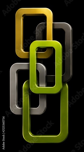 Linked Metallic Rectangles Abstract Chain in Green, Gold and Silver on Black Background, Luxury Geometric Technology Texture for Digital Design