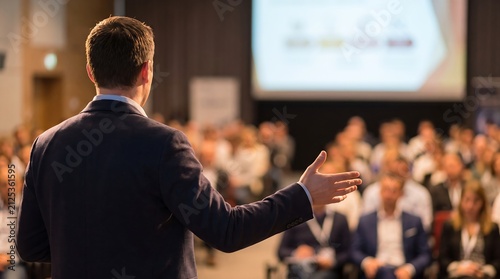A male speaker in a suit stands on stage gesturing to a large audience seated in a conference hall during a business presentation.