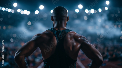 Muscular Male Athlete Ready for Competition in Night Stadium