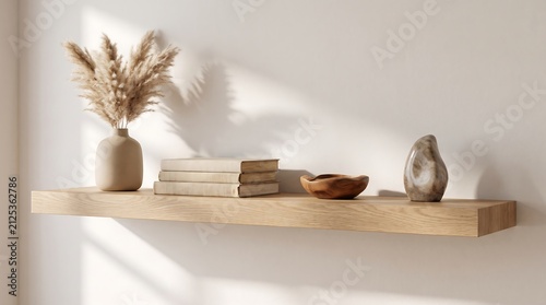 Minimalist wooden floating shelf on white wall with decorative pampas grass in beige vase and stack of books with organic wooden bowl and natural stone ornament.