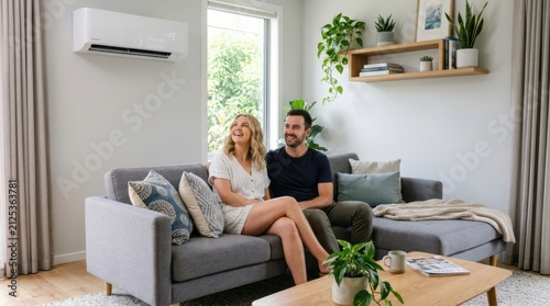 Happy young couple sitting on a comfortable sofa in their modern living room with an air conditioner on the wall