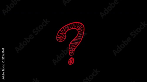 Red scribbled question mark symbol on black background.