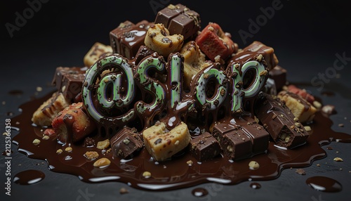 Pile of Melting Chocolates and Treats with 3D text '@Slop' resting on it, indication AI Slop content