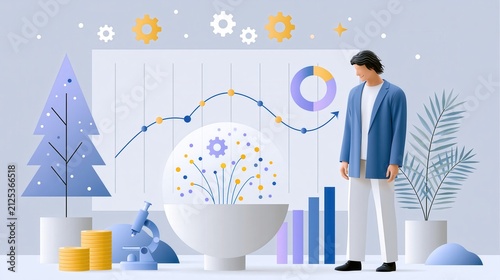 Man observing data analysis chart with growth arrow and abstract elements in a clean modern setting