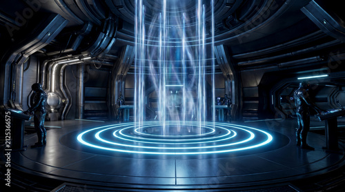 Futuristic command center features glowing energy portal and dark metallic walls with specialized personnel working at consoles under soft lights