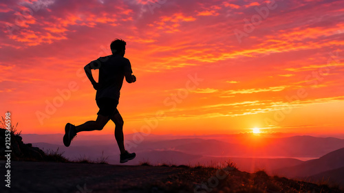 Silhouette of runner on mountain peak at sunset with silhouette, mountain