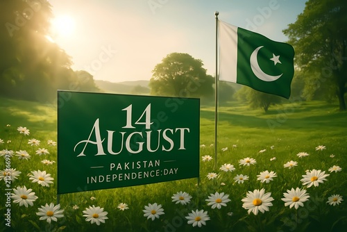 14 August Pakistan Independence Day Sign and Flag in Sunny Daisies Field Celebrating National Pride