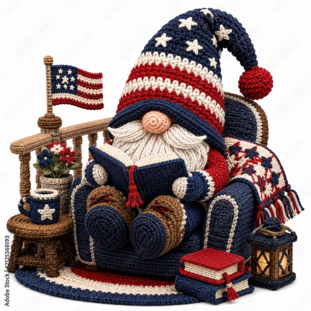 Fototapeta premium A knitted gnome dressed in a patriotic red, white, and blue outfit reads a book while sitting in a cozy armchair surrounded by American-themed decor.