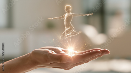 Glowing holographic human body balancing on open palm symbolizing wellness health and vitality