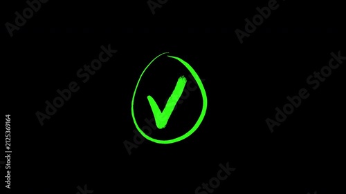 Green hand-drawn check mark in circle icon on black background