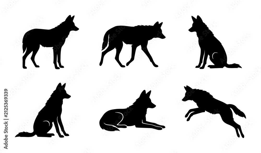 Fototapeta premium Canine Silhouette Set: Wolf, Coyote, Dog Poses, Wild Animal Vector Icons