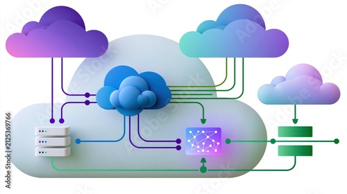 Abstract cloud computing network diagram with servers and data storage connected via vibrant lines against a soft white background