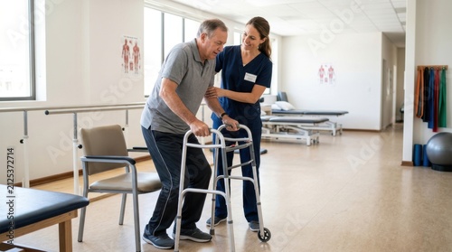 Friendly physical therapist helping an elderly man walk with a metal walker in a bright medical rehabilitation clinic