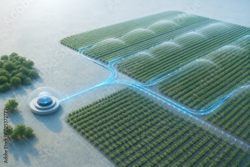 Futuristic agricultural field with ai driven irrigation and data visualization technology