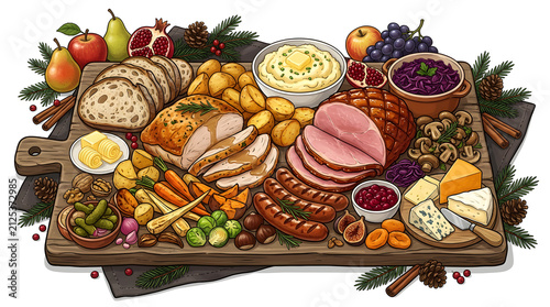 Traditional Winter Feast Charcuterie Board with Roasted Turkey, Ham, and Festive Side Dishes