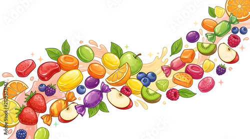 Colorful Fruit Candy and Fresh Juice Splash Wave Banner Concept
