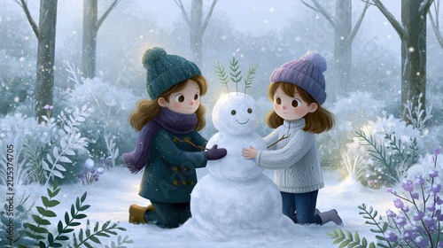 Two young girls building a snowman together in a snowy winter forest during a gentle snowfall with soft ambient light