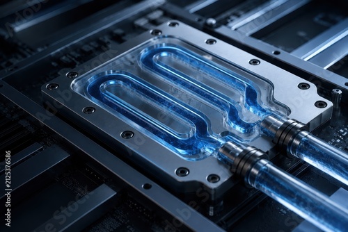 Futuristic cooling system with blue liquid in high tech data center