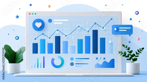 Digital dashboard displaying growth charts and analytics on a laptop screen with plants and abstract elements