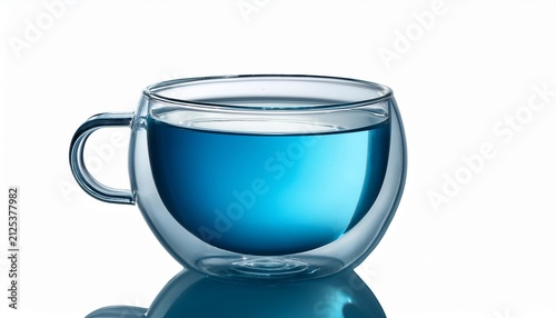 Clear Water In Glass Cup Of Blue Shade With Isolated White Background