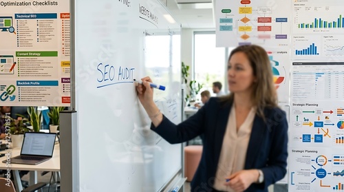 Professional woman writing seo audit on whiteboard in modern office